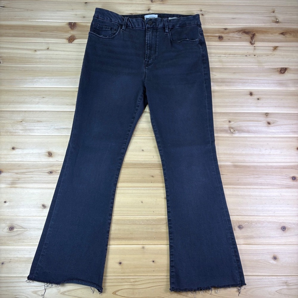Frame Jeans Womens 31 Black Wash Le Crop Mini Boot Cut High Rise Raw Hem Jeans